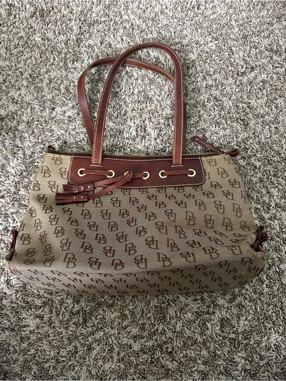 Dooney & Bourke Brown Monogram Shoulder Tote with Tan Trim
